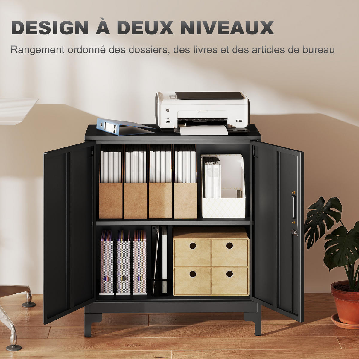 AKTENSCHRANK DE-14513 2 Ebenen, 2 abschließbare Türen Schwarz - Schwarz, Metall (35/91/80cm) - ComfortXL