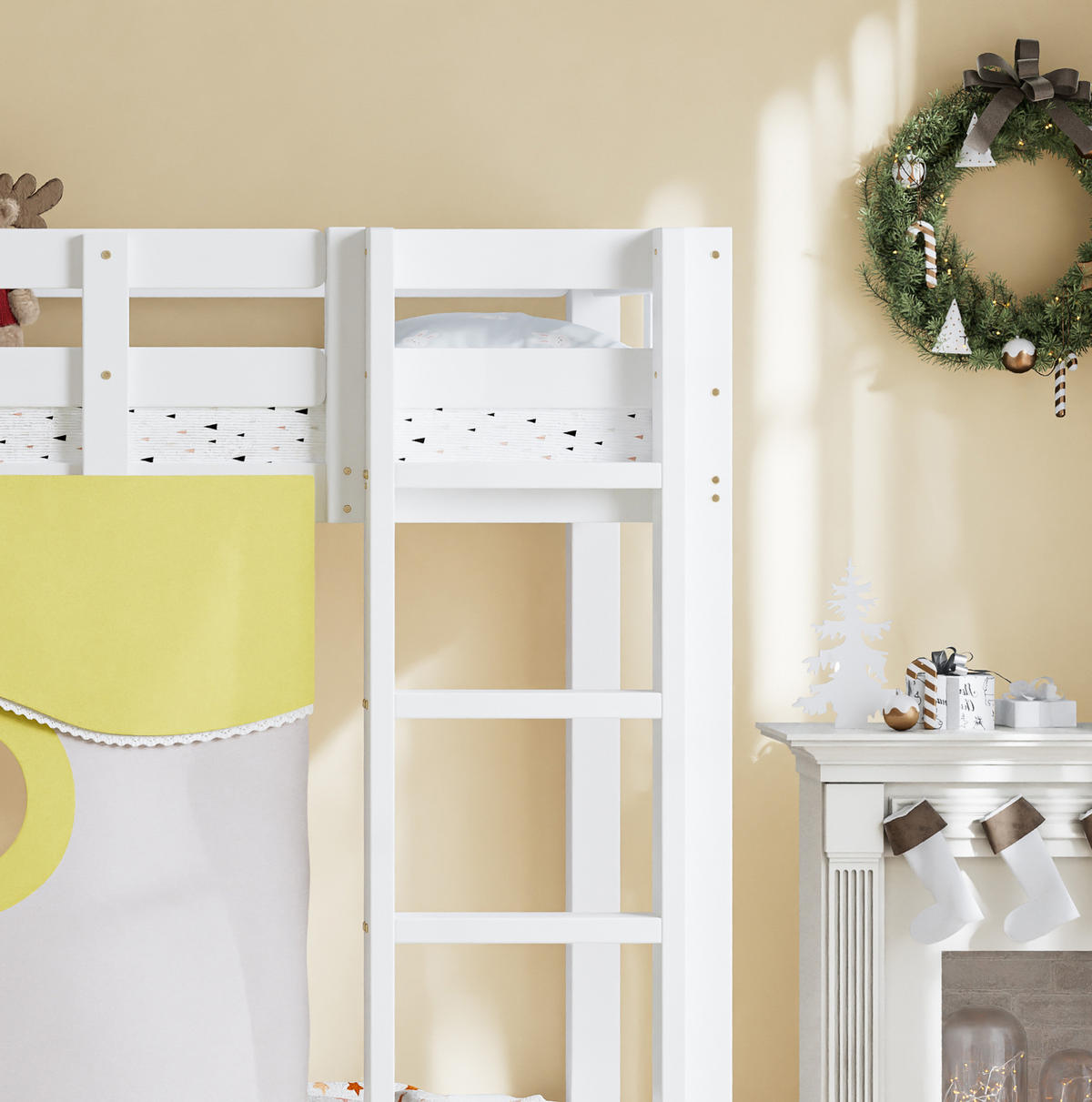 ETAGENBETT 90/200 cm Weiß mit Treppe, Rutsche und Bettvorhang - Weiß, Holzwerkstoff (90/200cm) - Flora Grace