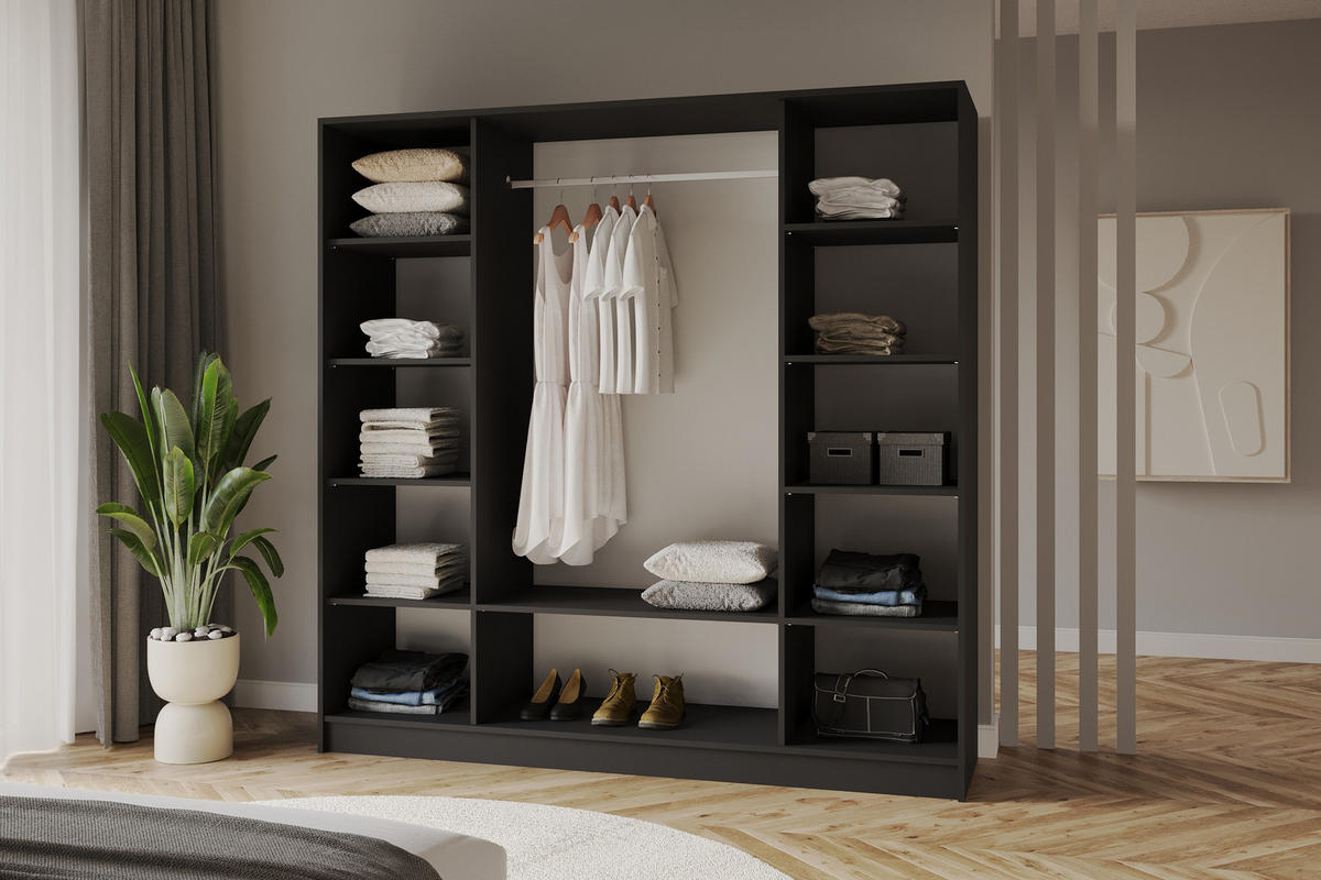 KLEIDERSCHRANK - LUSSO - 200 - Schwarz - Schwarz Hochglanz/Schwarz, Holzwerkstoff (200/200/51cm) - ALTDECOR