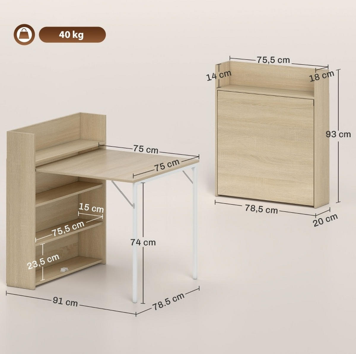 ESSTISCH 78,5/91/93 cm eiche klappbar mit 3 Regalen aus Holz und Stahl - Eichefarben, Holz (91/78.5/93cm) - OKWISH