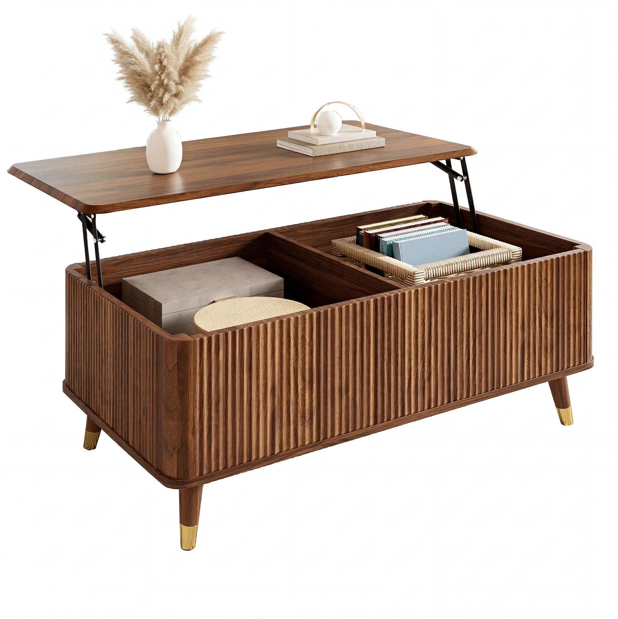 COUCHTISCH 97/52/56,5 cm mit höhenverstellbarer Tischplatte, Stauraum und Wellenstruktur, Nussbaum - Walnussfarben, Holzwerkstoff (97/52/56.5cm) - Redom