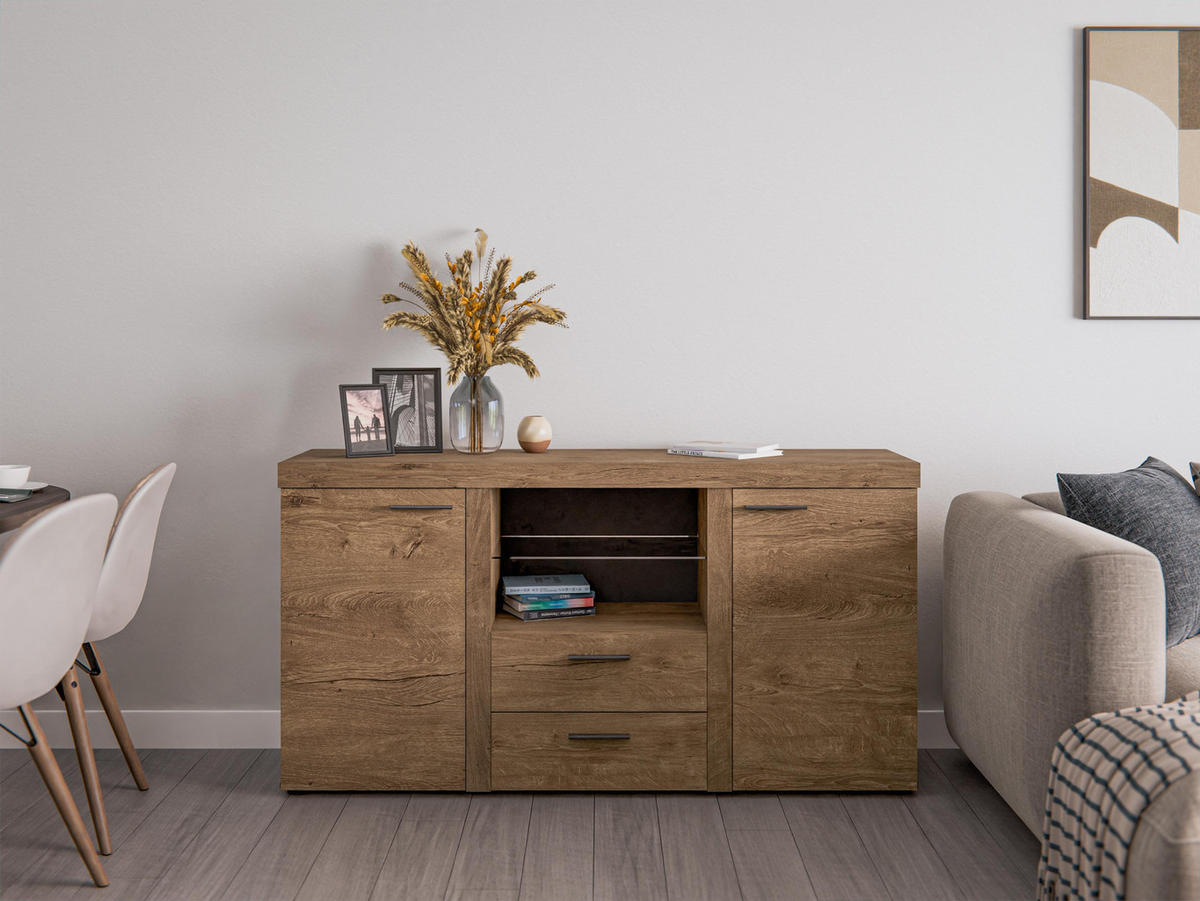 SIDEBOARD Spacoro 2F2S Eiche Lefkas 156,4/82/40,3 cm – Schubladenschrank Kommode Modern - Braun, Holzwerkstoff/Kunststoff (156/82/40cm) - AX Living