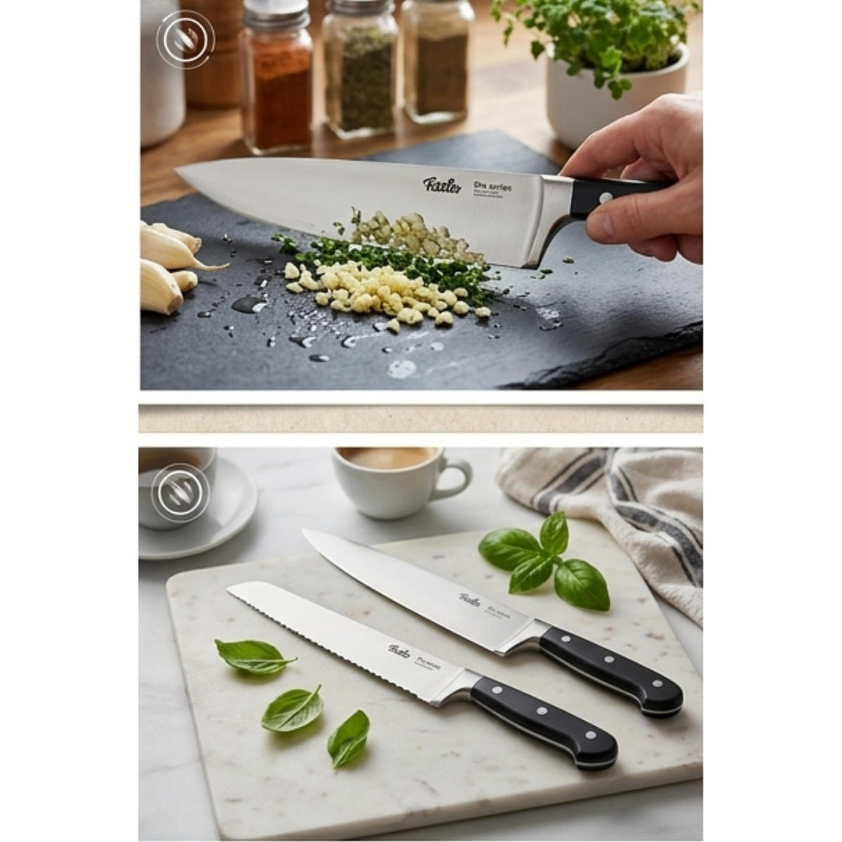 MESSERSET PROFI 3-tlg Kochmesser 19 cm Brotmesser 18 cm Küchenschere Edelstahl Schwarz - Silberfarben/Schwarz, Kunststoff/Metall - Fissler