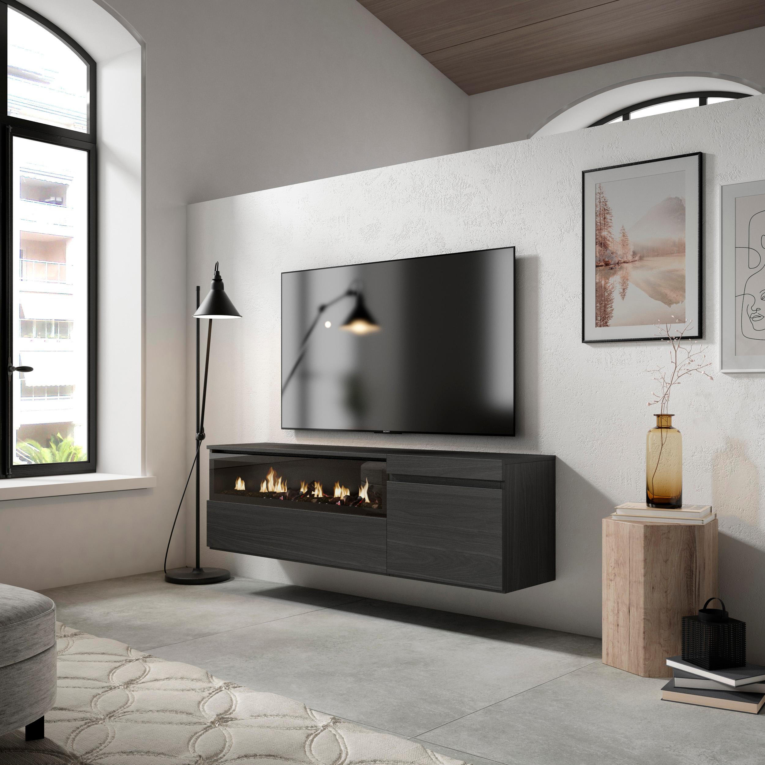 TV-SCHRANK schwarz, mit Elektrokamin, Hängend, 150/35/45cm - Anthrazit/Schwarz, Holzwerkstoff (150/45/35cm) - Skraut Home