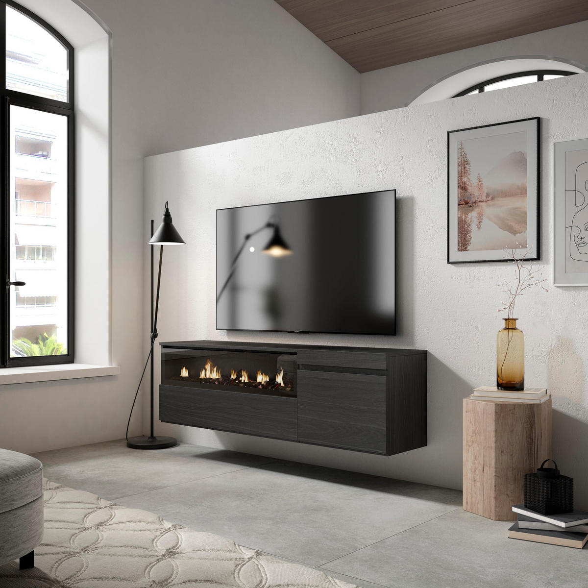 TV-SCHRANK schwarz, mit Elektrokamin, Hängend, 150/35/45cm - Anthrazit/Schwarz, Holzwerkstoff (150/45/35cm) - Skraut Home