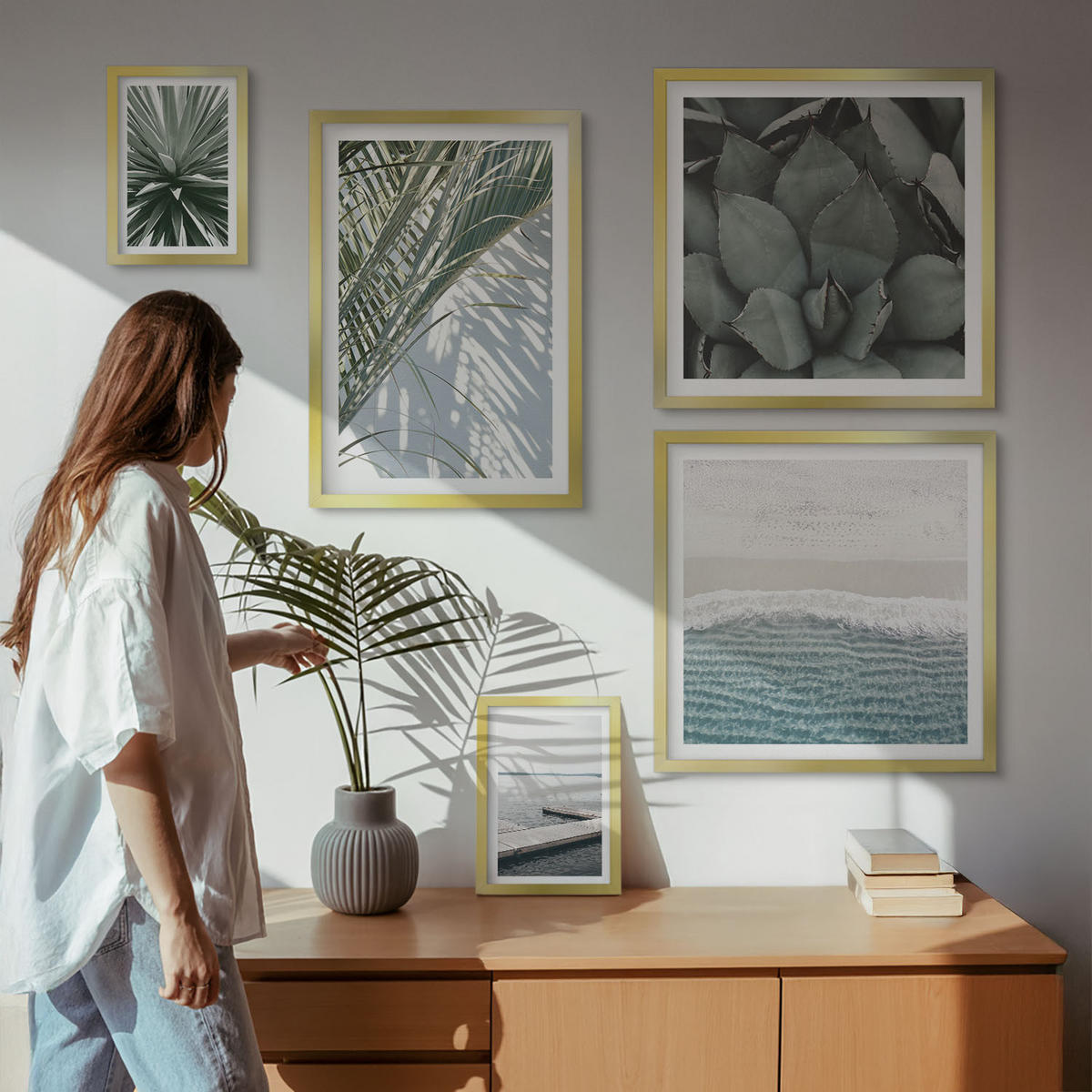 WANDBILDER 5er Set - 50x50 cm & 20x30 cm & 40x60 cm Goldrahmen - Hängebrücke aus Palmenblättern - Goldfarben, Kunststoff (40/60cm) - ArtPrintCave