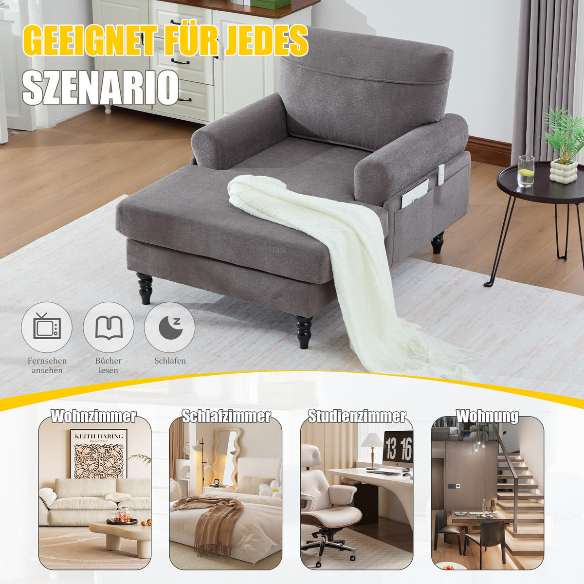 RELAXSESSEL Chenille mit Stauraum loungesesselfür Wohnzimmer Schlafzimmer Grau - Grau, Textil (97/86/125cm) - PARAFTA HOME