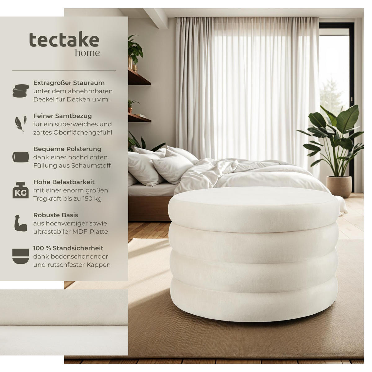 SITZHOCKER mit Stauraum Altu Xl,67 x 42 cm,Samtoptik creme-weiß - Weiß/Samtahornfarben, Holz (67/42/67cm) - tectake