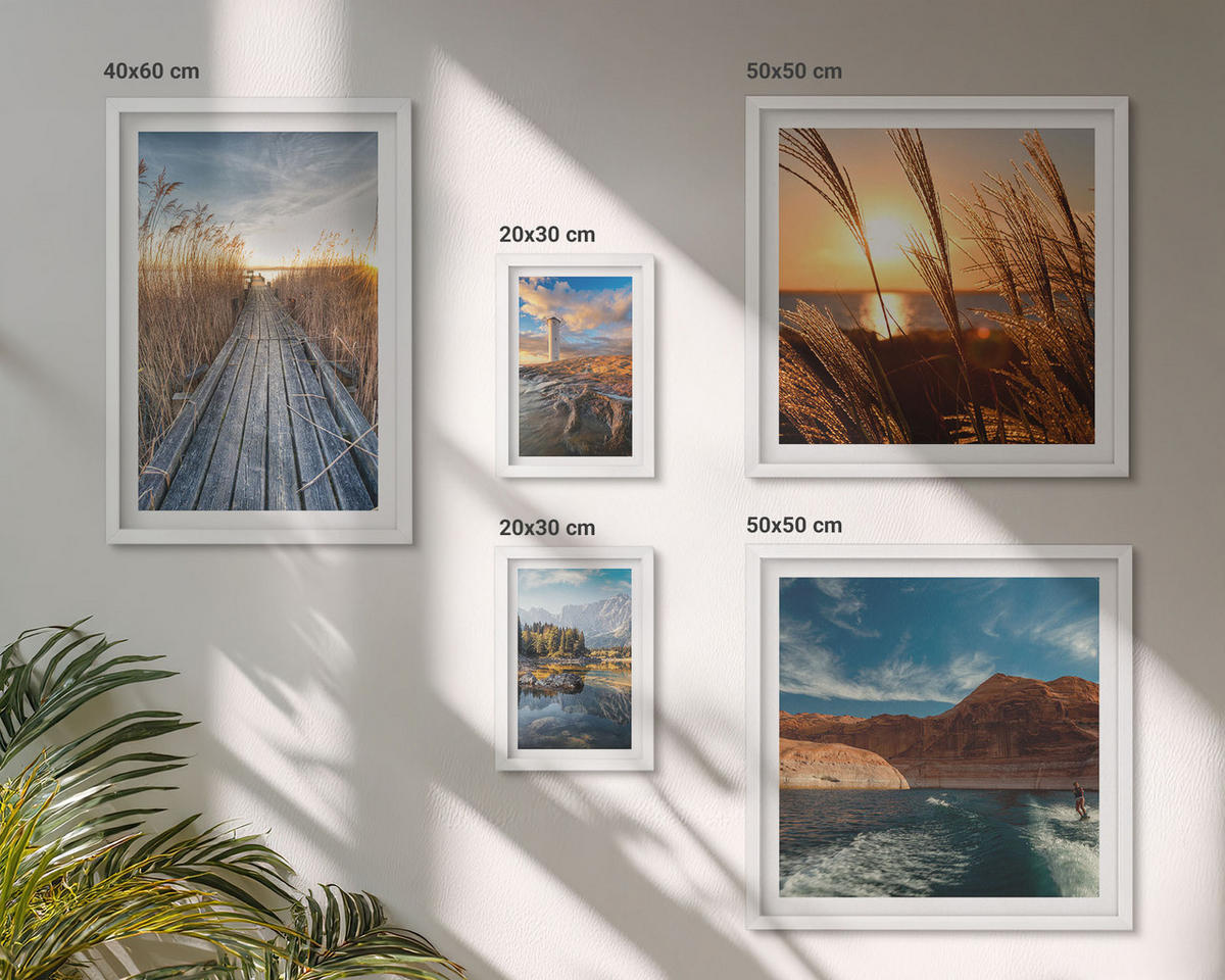 BILDER SET 5er Set - 50x50 cm & 20x30 cm & 40x60 cm Weißer Rahmen - Leuchtturm-Grassteg - Weiß, Kunststoff (40/60cm) - TULUP