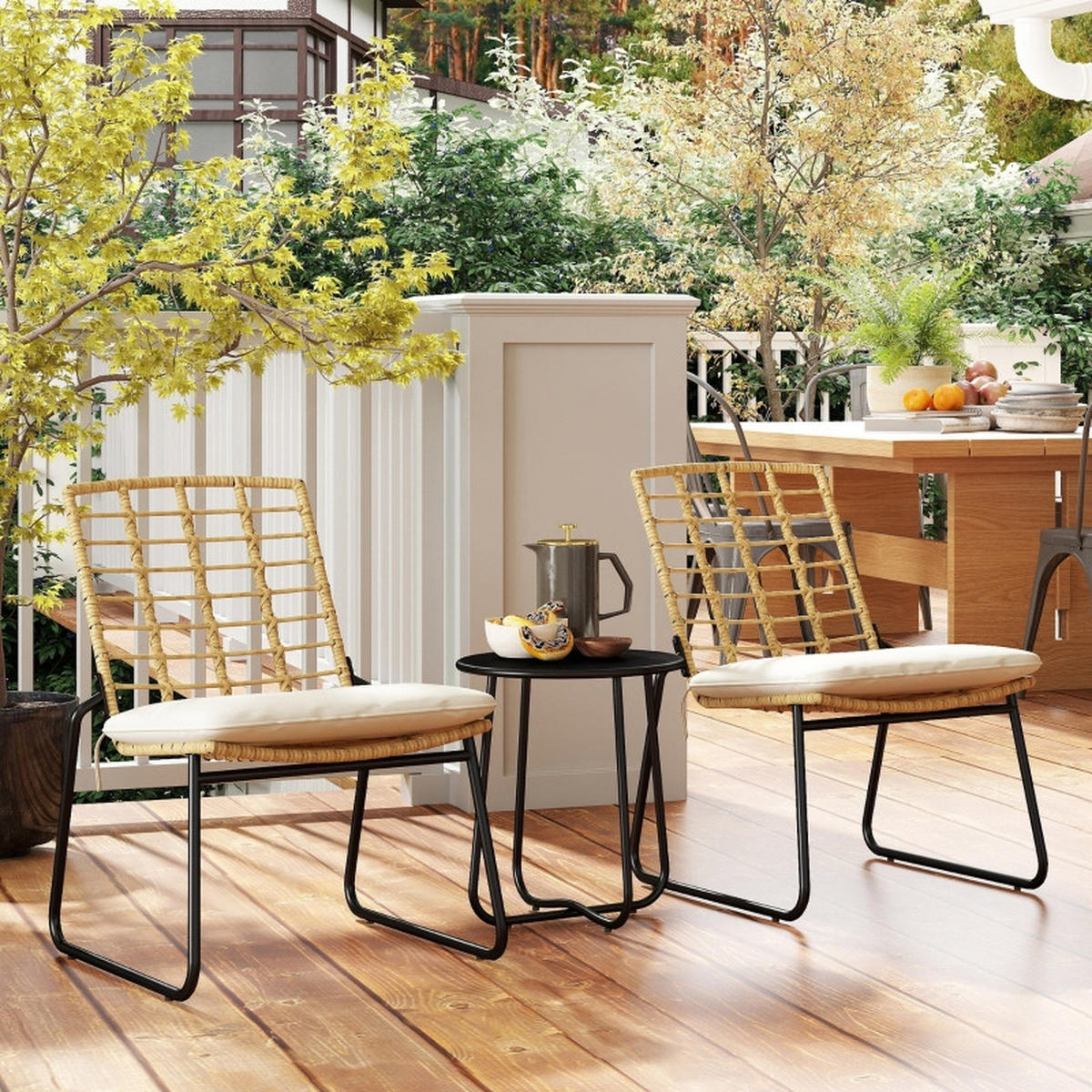 RATTAN GARTENMÖBEL SET 3-tlg. Beige & Braun für 2 Personen mit Stapelbaren Stühlen - Beige, Metall - ComfortXL