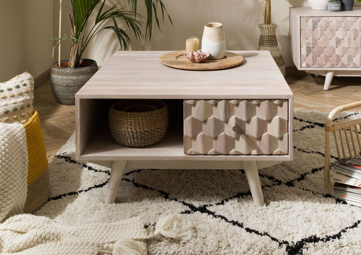 COUCHTISCH Akazie 70x70x40 weiß lackiert MOSAYK #217 - Weiß, Holz (70/70/40cm) - Massivmoebel24