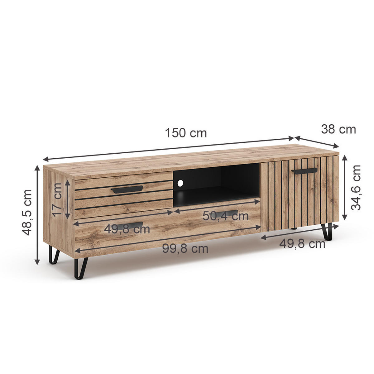LOWBOARD Amber Eiche 150 x 48.5 cm - Eichefarben/Schwarz, Holzwerkstoff (150/48.5/38cm) - Vicco