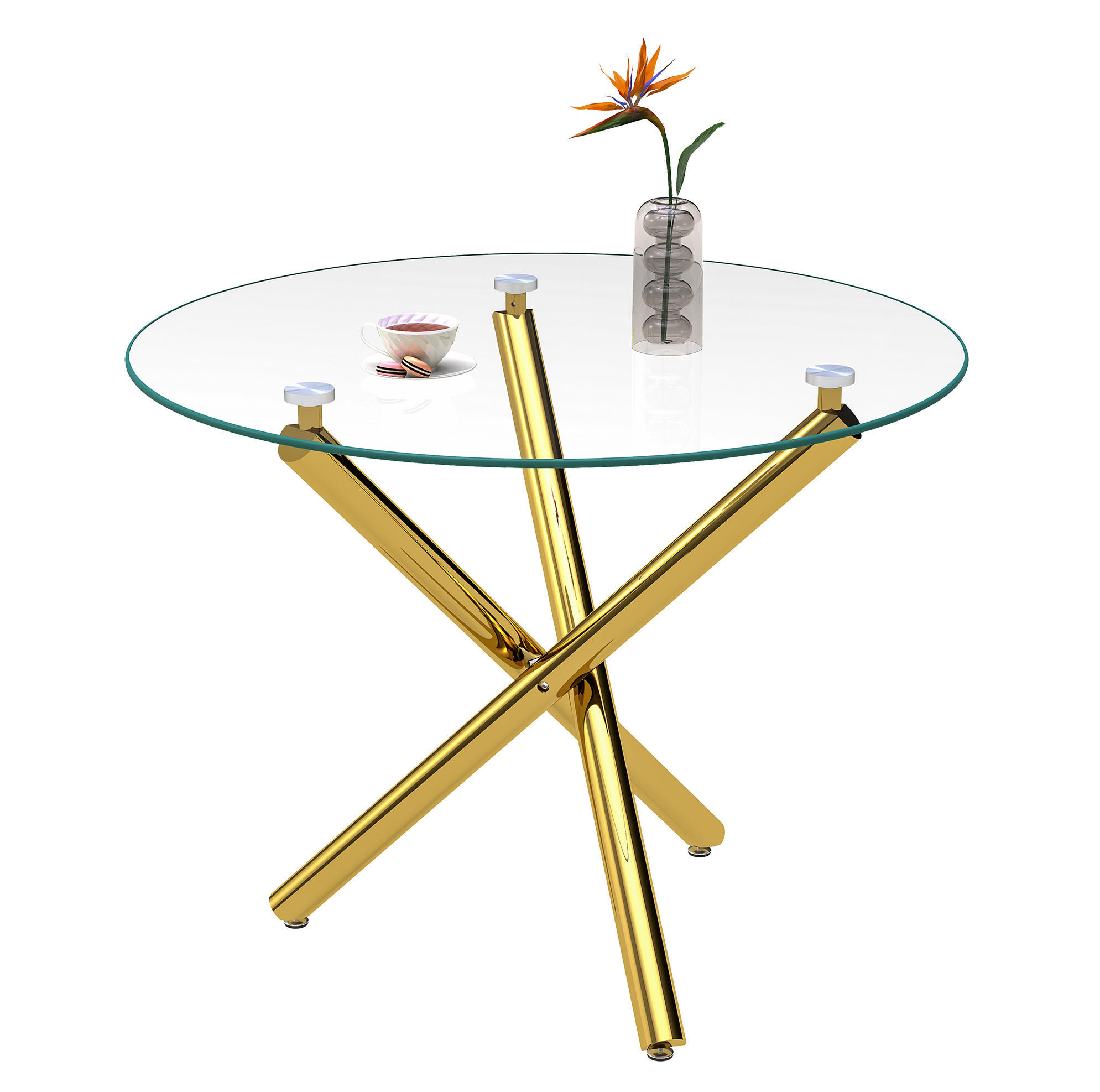 ESSTISCH 80/80/76 cm mit Glasplatte und goldfarbenem Kreuzgestell - Goldfarben, Metall (80/80/76cm) - Flora Grace
