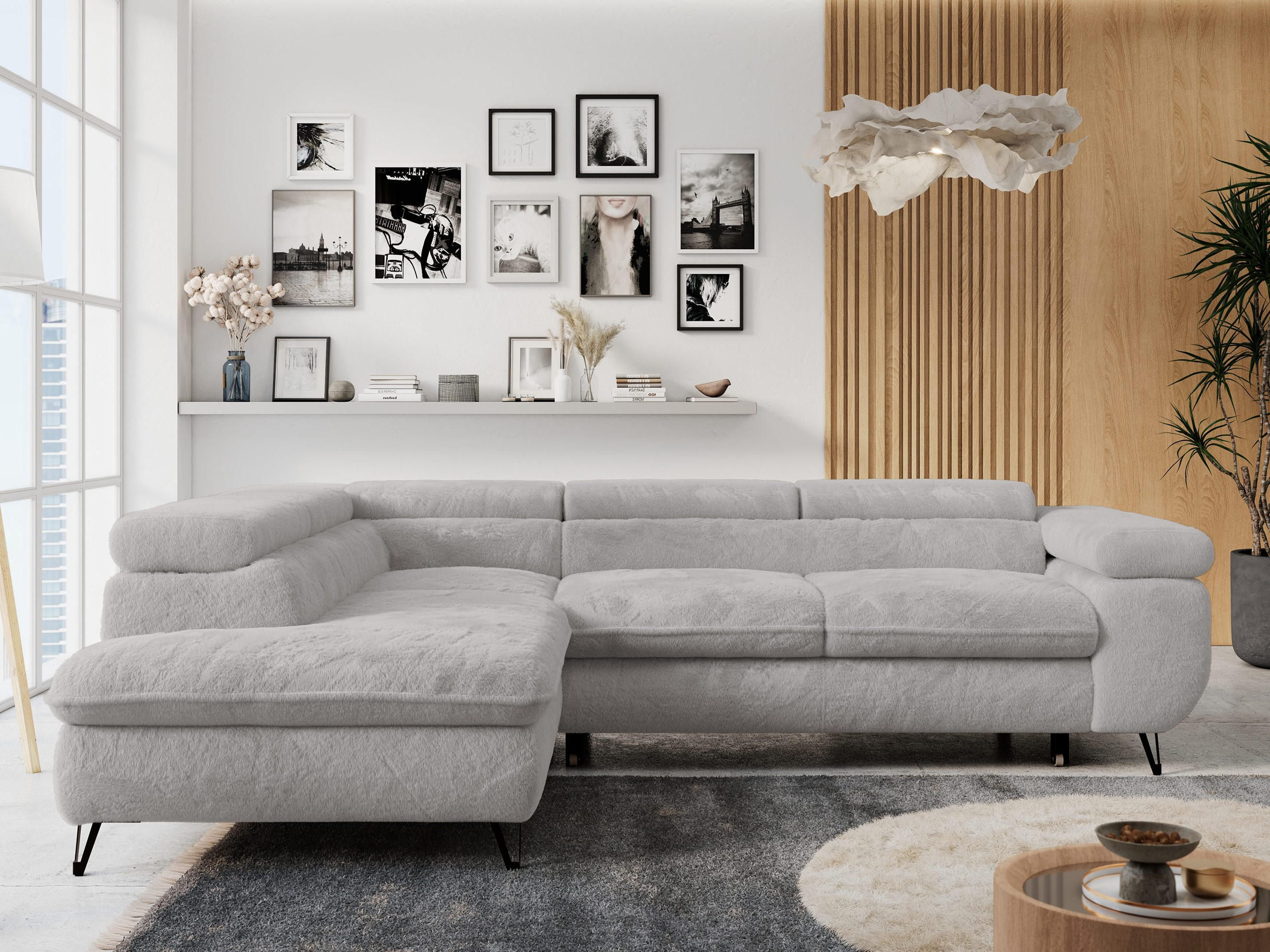 ECKSOFA PETER L Hellgrau Plüsch - Links Seite - Hellgrau/Schwarz, Textil/Metall (208/273cm) - MKS