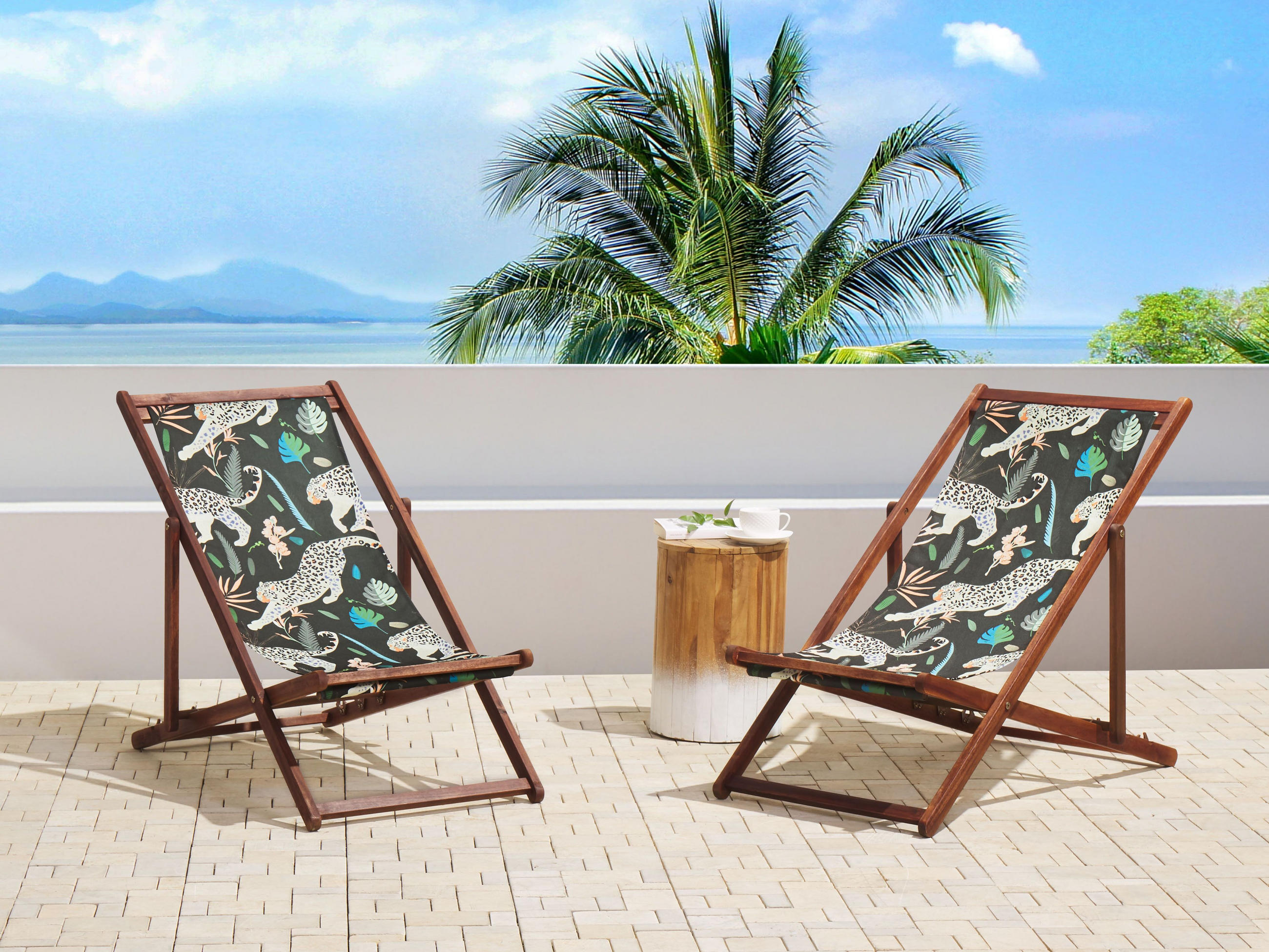 GARTENLIEGE 2er-Set dunkelbraun Textil weiß/schwarz Gepardenmotiv Anzio - Dunkelbraun/Schwarz, Textil (54/70/97cm) - Beliani