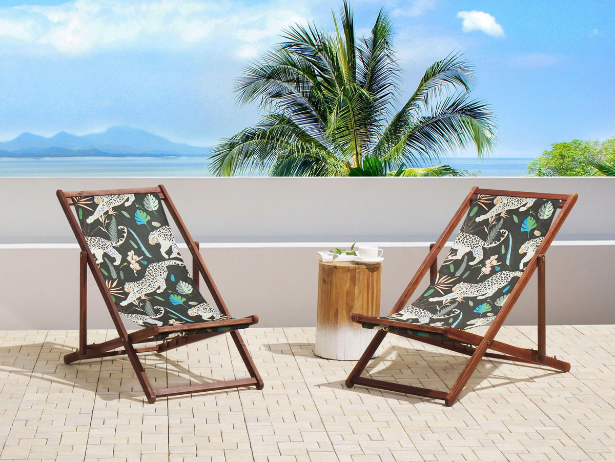 GARTENLIEGE 2er-Set dunkelbraun Textil weiß/schwarz Gepardenmotiv Anzio - Dunkelbraun/Schwarz, Textil (54/70/97cm) - Beliani