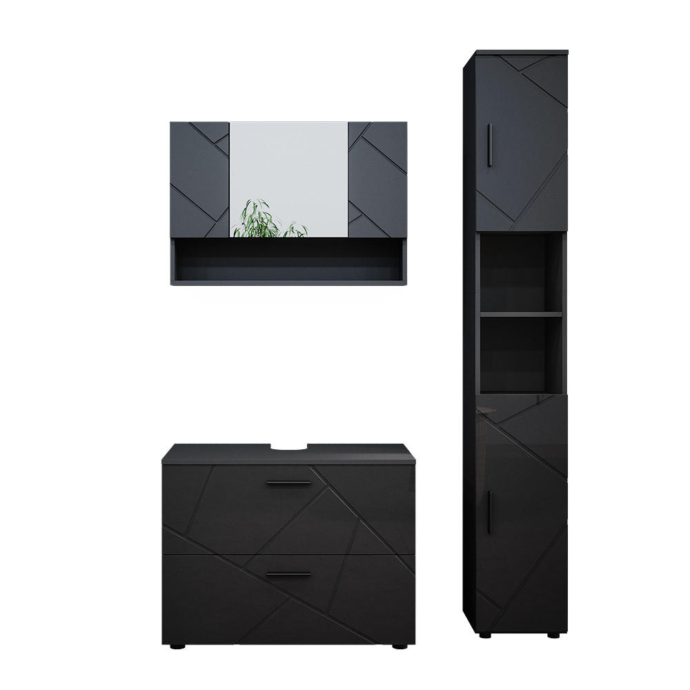 BADMÖBEL-SET Irma Anthrazit Hochglanz 3 Teile mit Spiegelschrank 80 cm - Anthrazit, Holzwerkstoff (80/58.6/41cm) - Vicco