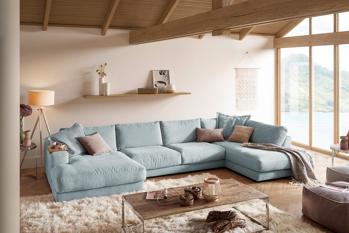 WOHNLANDSCHAFT MADELINE Hellblau Cord - Schwarz/Hellblau, Kunststoff/Textil (425/86/224cm) - KAWOLA