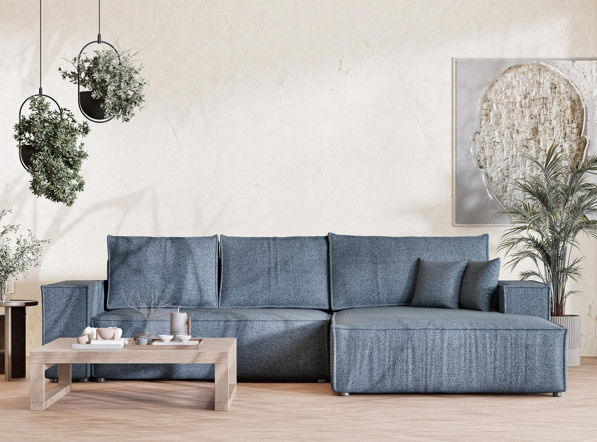 ECKSOFA MIT SCHLAFFUNKTION Maze Blau Grau Webstoff - Blaugrau/Schwarz, Holz/Holzwerkstoff (294/185cm) - Maison de Reve