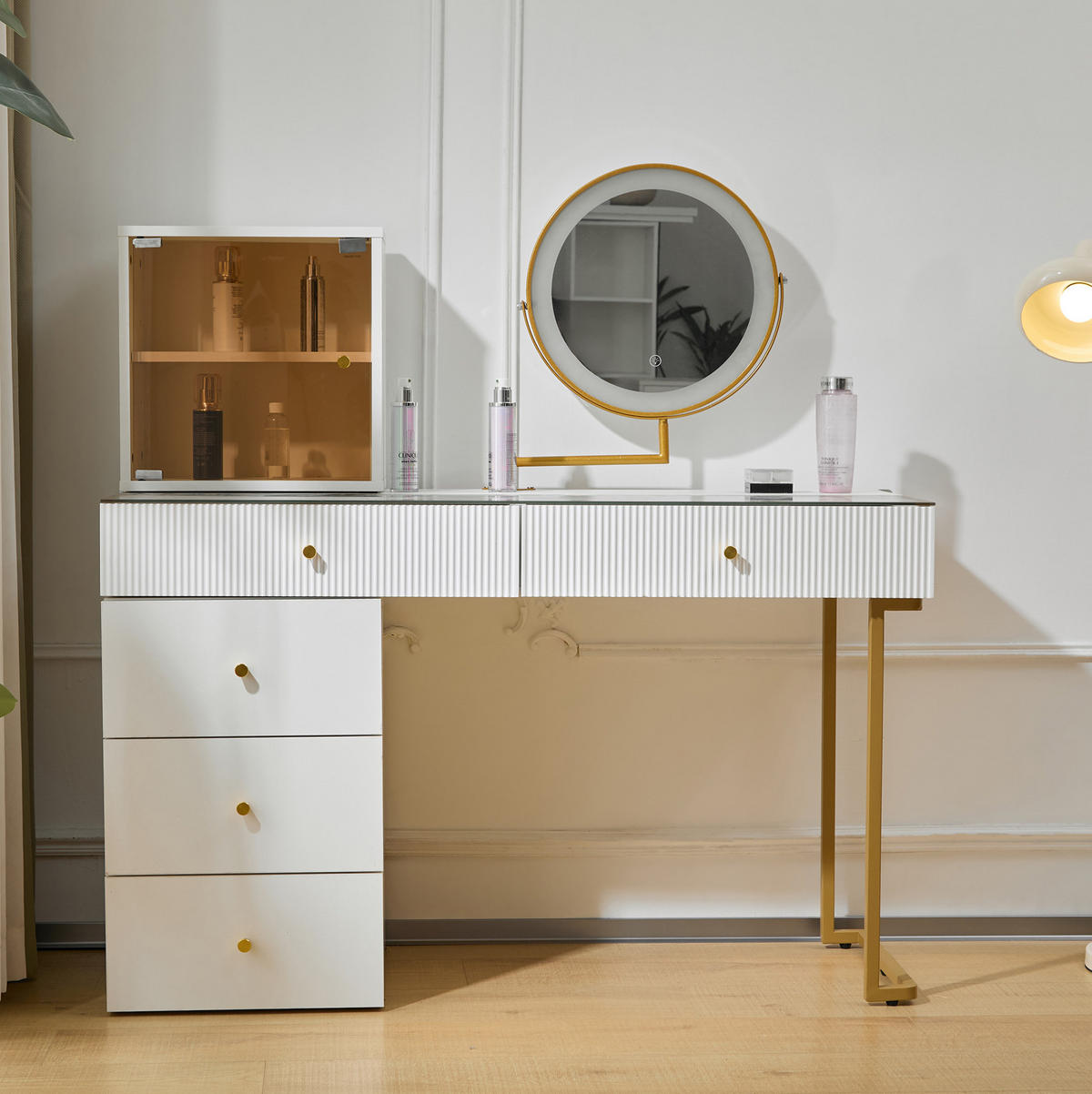 SCHMINKTISCH 120/45/115 cm mit LED-Spiegel, flexiblem Seitenregal und Glasplatte, Weiß/Goldfarben - Weiß, Holzwerkstoff (120/115/45cm) - Redom