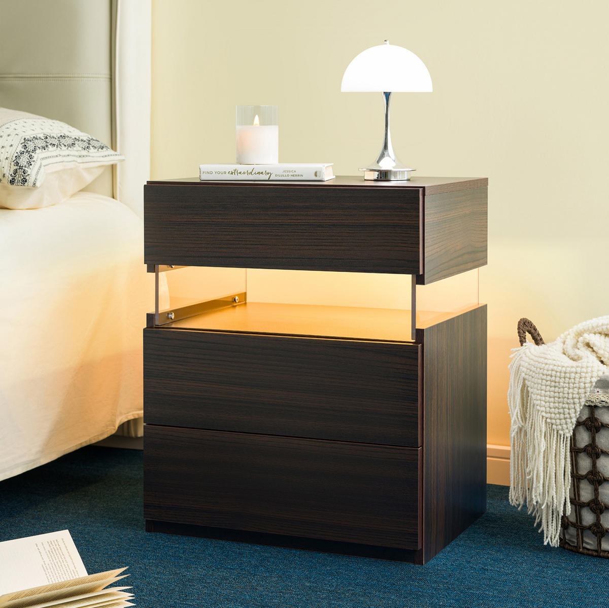 NACHTTISCH 48/38/61 cm mit LED-Beleuchtung in Walnuss mit 3 Schubladen - Walnussfarben, Holzwerkstoff (38/61/48cm) - BEAOK