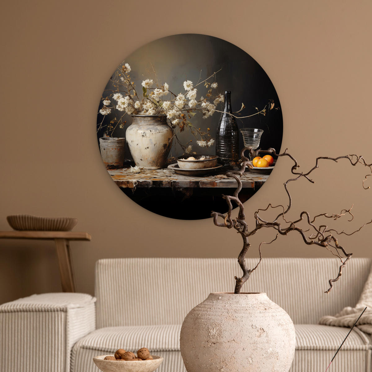 WANDBILD Stilleben - Blumen - Blumenstrauß - Vase - Wein 60x60 cm - Hellgrau, Kunststoff (60/60cm) - MuchoWow