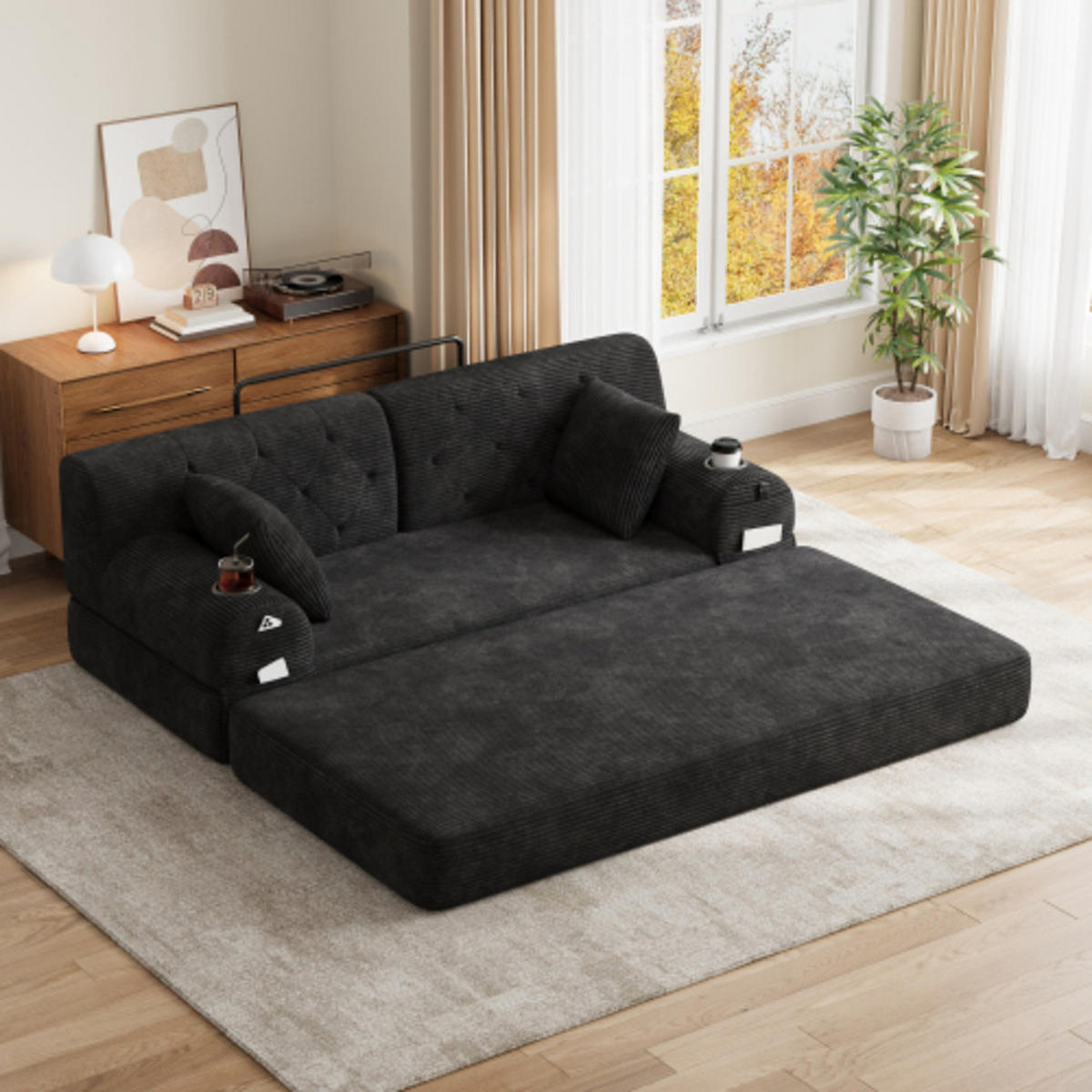 SCHLAFSOFA mit Metallrahmen schwarz 168×80×81 cm aus Cordstoff - Schwarz, Textil (80/81/168cm) - Luhomfu