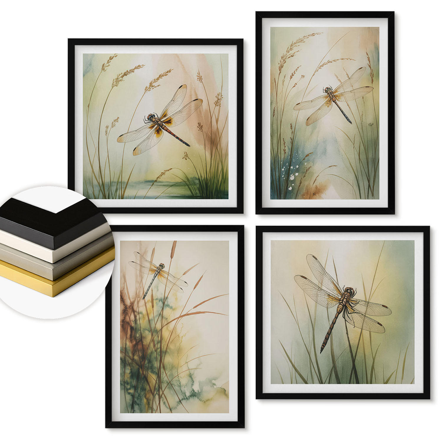 WANDBILDER 4er-Set - 50x50 cm & 40x60 cm Schwarzer Rahmen - Libellengräser über dem Wasser - Schwarz, Kunststoff (50/50cm) - ArtPrintCave