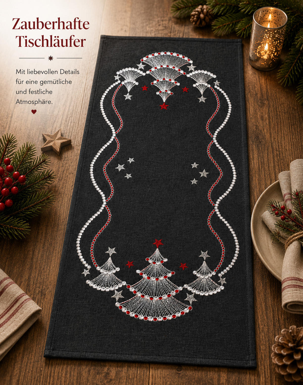 TISCHLÄUFER 40/90 cm Tannenbaum Weihnachten Leinenoptik - Anthrazit/Weiß, Textil (40/90cm) - TiborTex