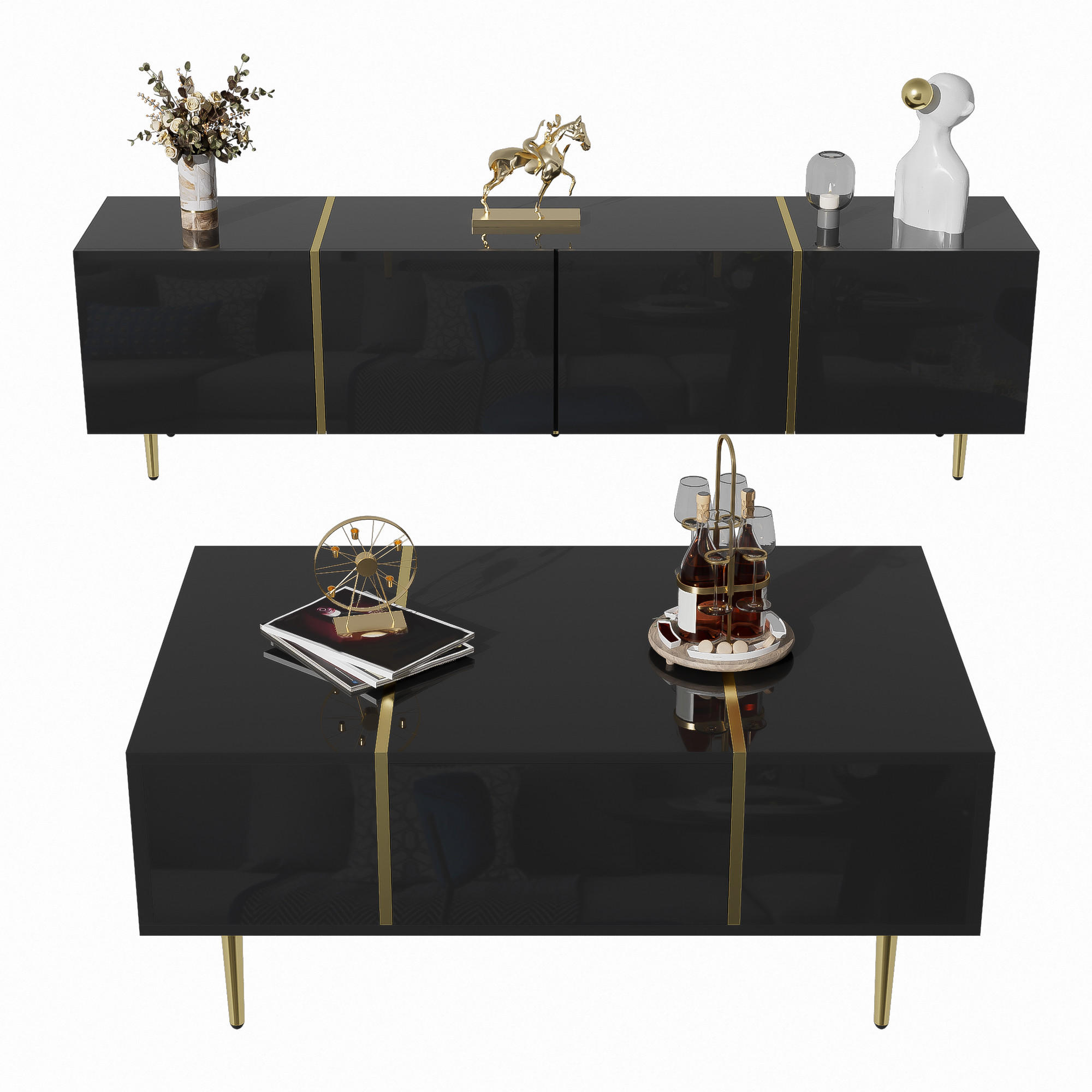 TV-RACK 2-tlg 170cm Couchtisch Set Hochglanz-Schwarz mit Gold-Akzenten - Schwarz, Holz (43.18/21.84/96.52cm) - Raelunyi