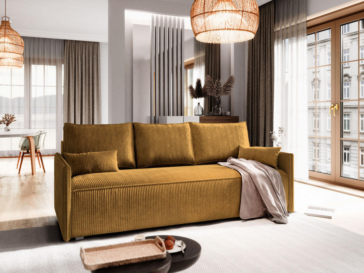 BETTSOFA MESTOR Gelb Kordstoff mit Schlaffunktion - Gelb, Textil (206/83/87cm) - MASSENO