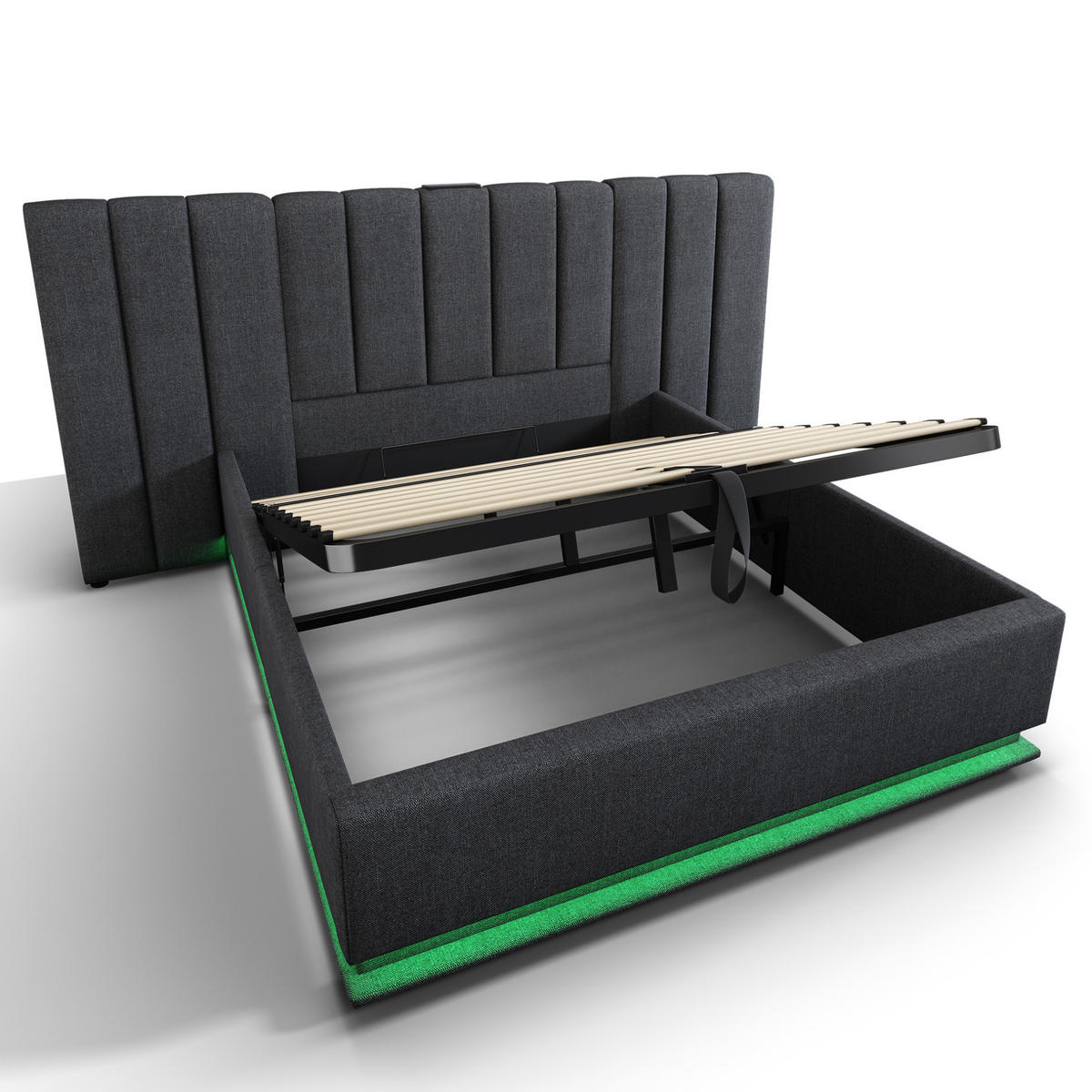 POLSTERBETT mit Stauraum, LED und USB-C 180x200 cm Leinen Grau - Grau, Metall (180/200cm) - Meubliv