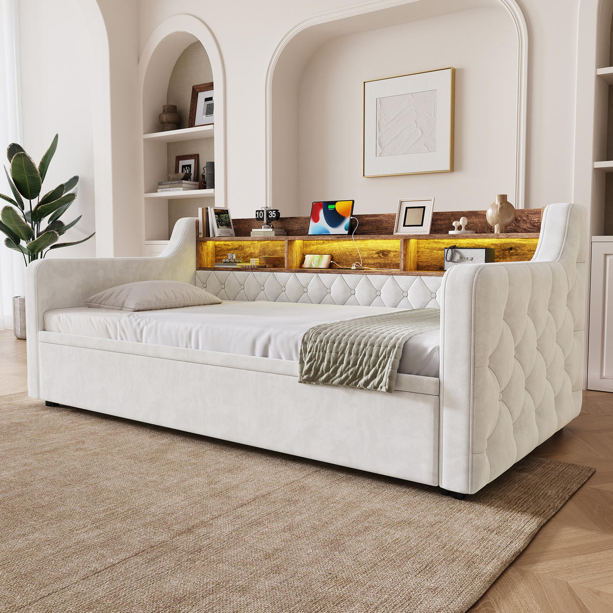 BETT 90/190 cm in Beige aus Samt mit Stauraum-Kopfteil, LED-Beleuchtung - Beige, Textil (90/190cm) - Flora Grace