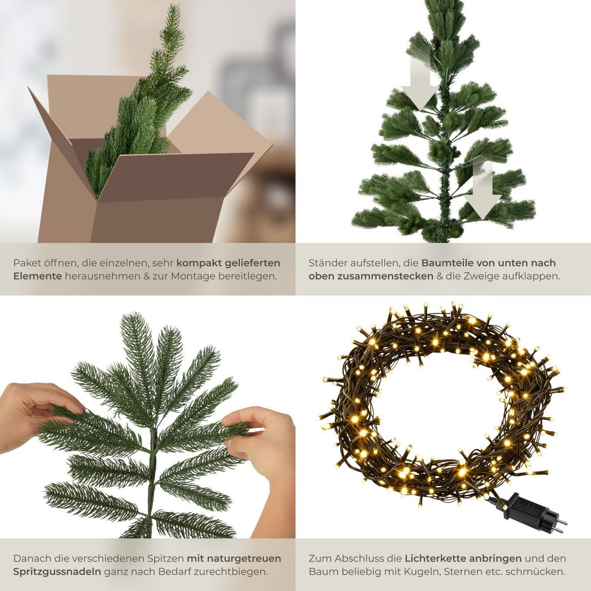 SET WEIHNACHTSBAUM MIT LICHTERKETTE ,inklusive Metallständer mit Kunststoffkappen,grün - Grün, Kunststoff (140cm) - tectake