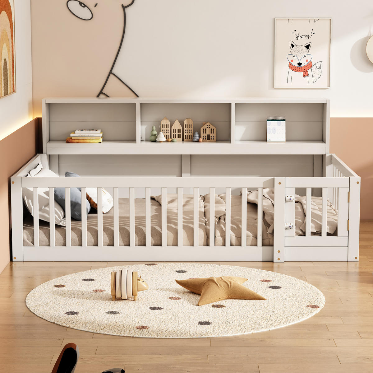 DAYBETT aus Kiefernholz und MDF 90x200 cm Weiß mit Ablagefächern und Lattenrost - Weiß, Holz (90/200cm) - IVMEU