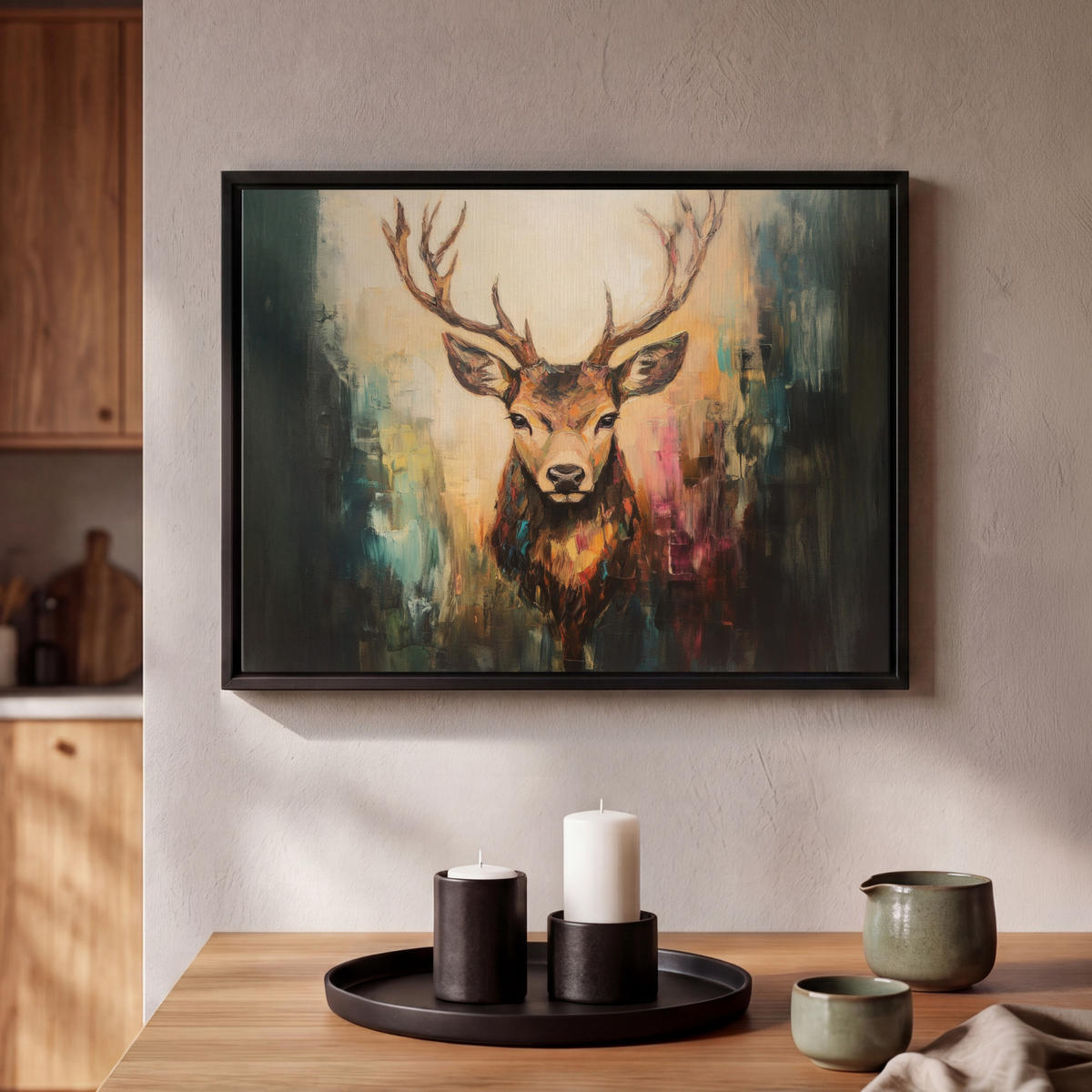 LEINWAND Bilder mit Rahmen - Hirsch - Gemalt - Geweih - Braun - 40x30 - Haselnussfarben, Textil (40/30cm) - MuchoWow
