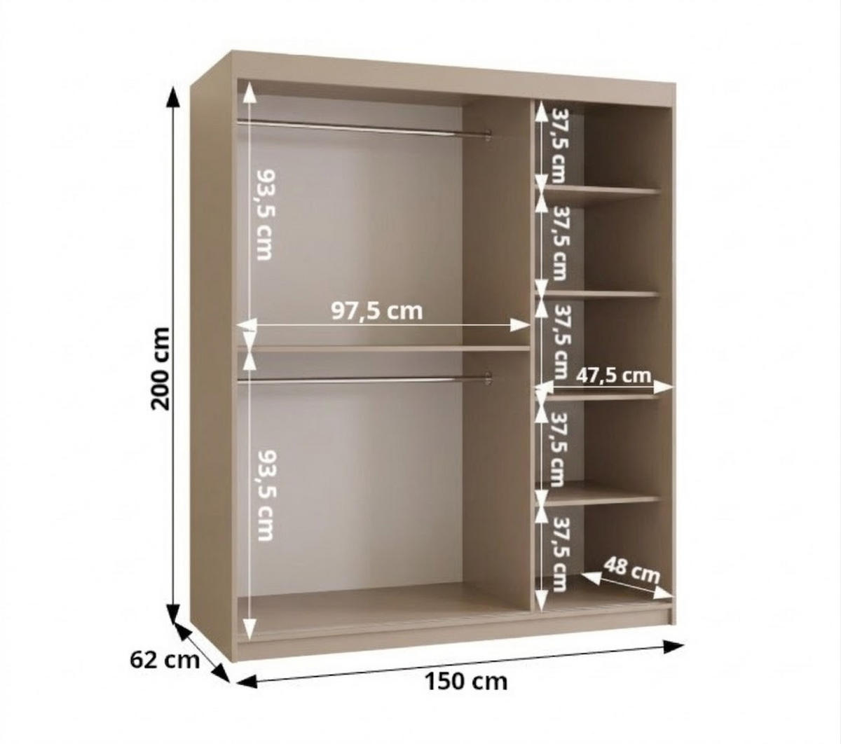 SCHIEBETÜRENSCHRANK mit Spiegel SPOTI 200/150/62 2-türig - Kaschmir/Silberfarben, Holz (150/200/62cm) - MÖBEL KRYSPOL