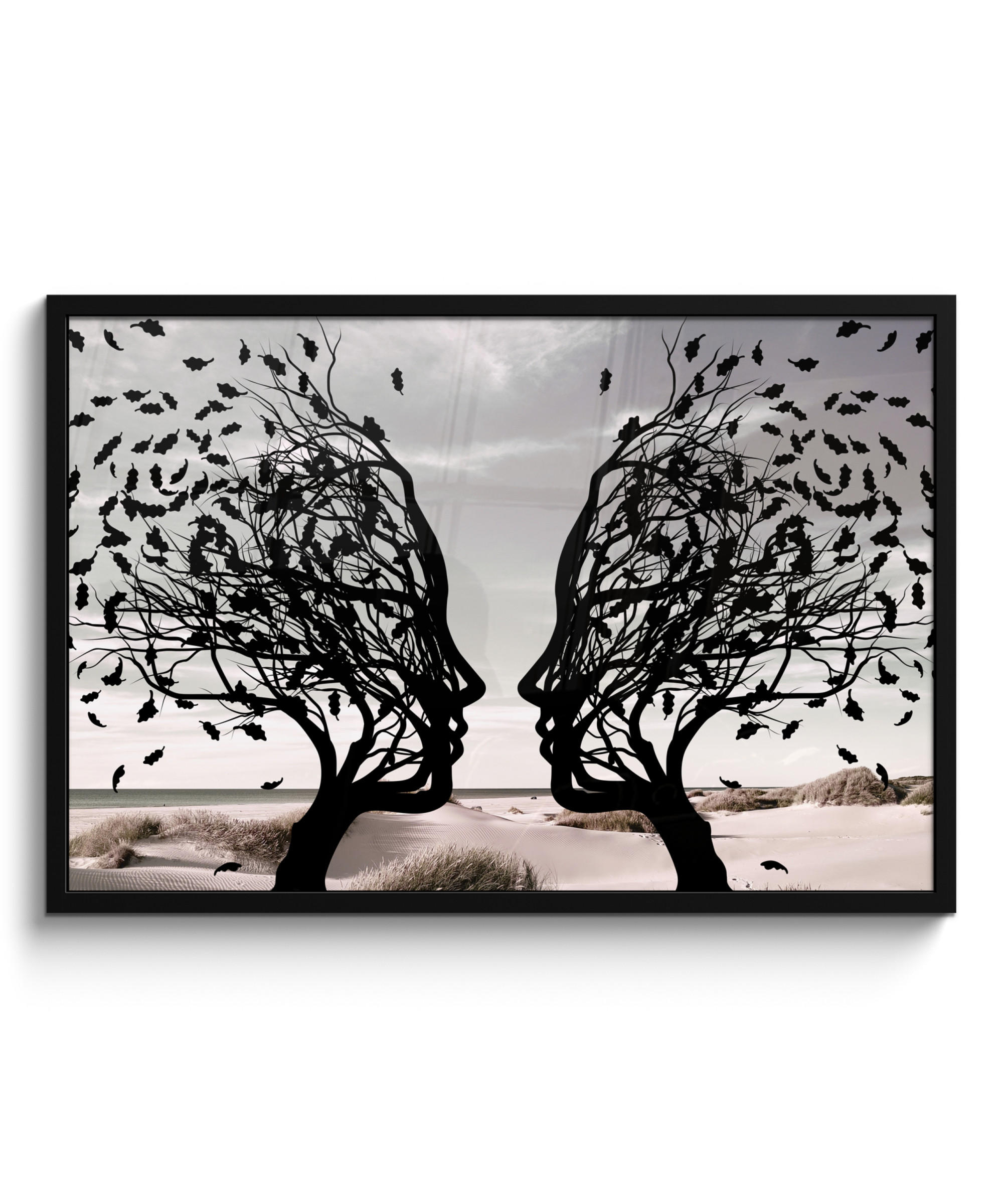 POSTER MIT RAHMEN Strand - Meer - Menschen - Baum - Moderne Kunst 90x60 cm - Hellgrau, Papier (90/60cm) - MuchoWow