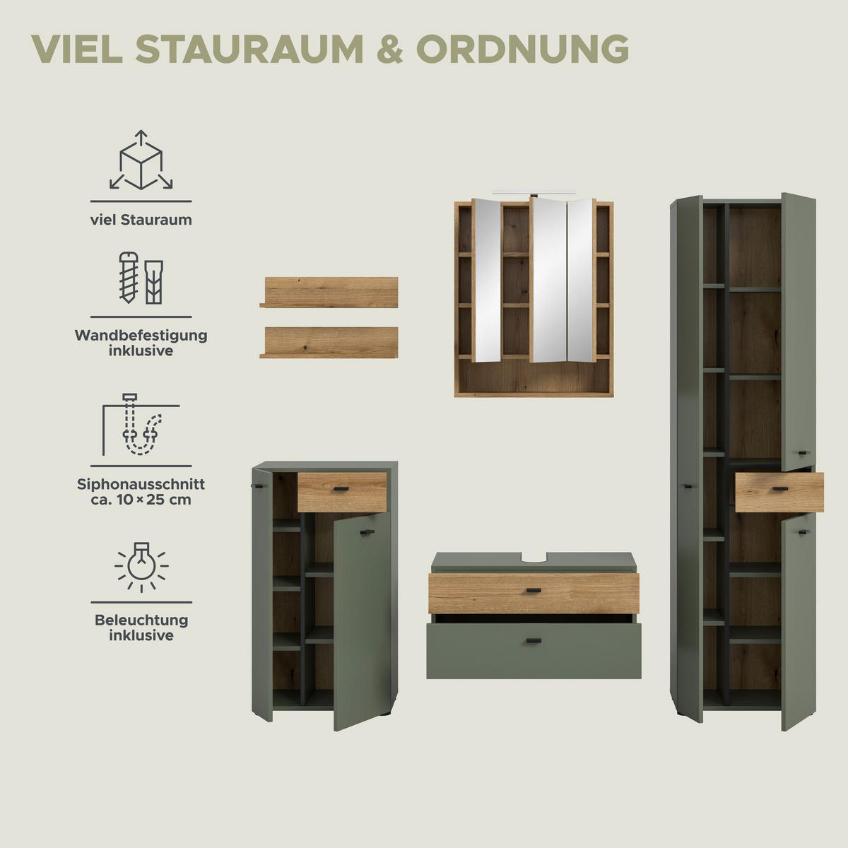 BADEZIMMER inkl. Beleuchtung Azur 6-tlg. (B/H/T: ca. 207/191/35 cm) in Sage Green/Sage Green - Grün, Holzwerkstoff (207/191/35cm)