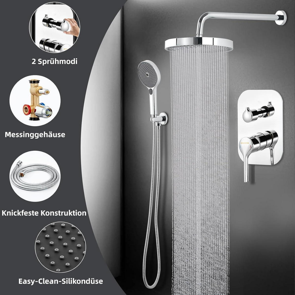 DUSCHARMATUR Set Unterputz 25 cm Regendusche mit Handbrause Chrom - Silberfarben, Metall (38/18/48cm)
