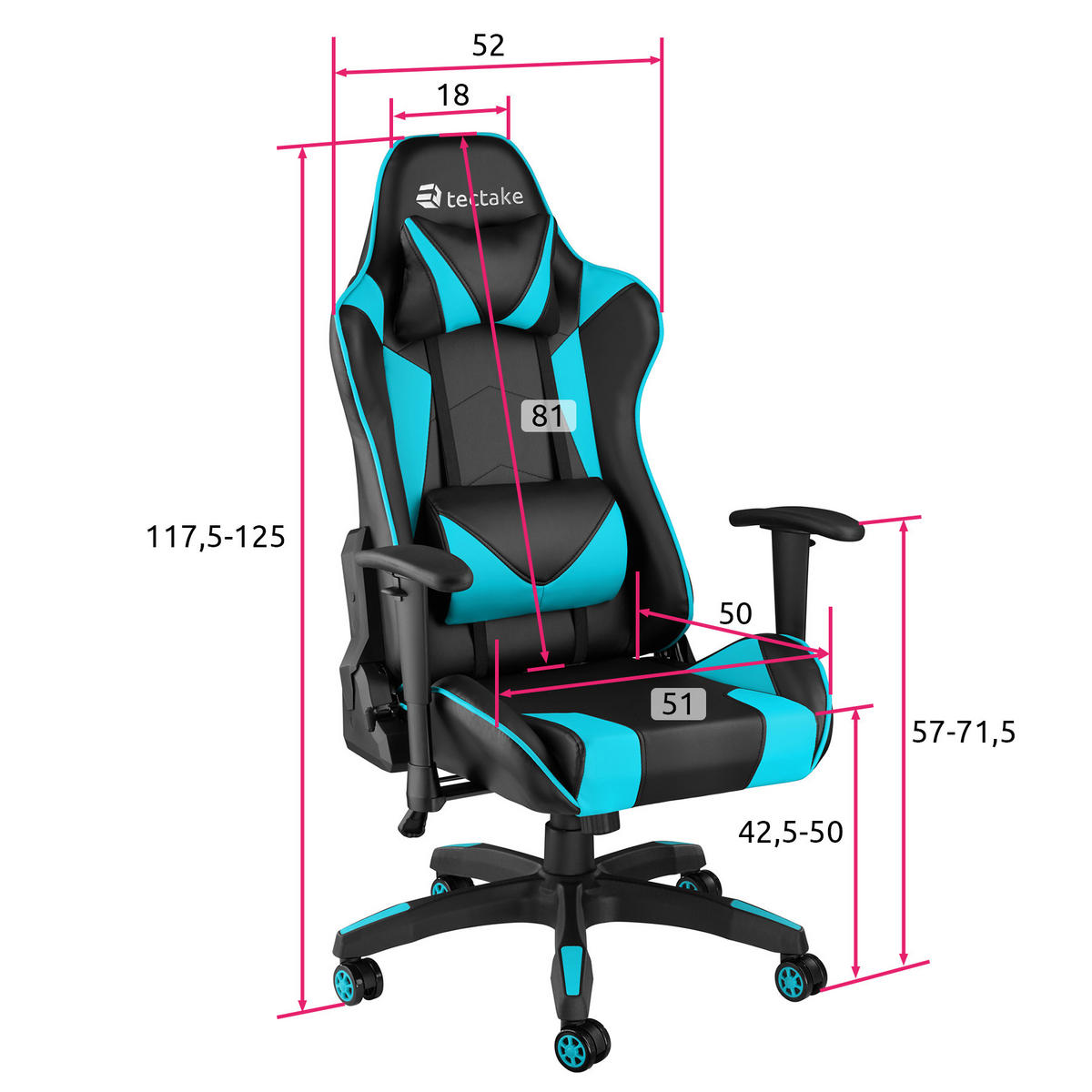 RACING-GAMINGSTUHL Twink,Belastbarkeit 120 kg,schwarz/azur - Schwarz/Hellblau, Textil (68/125/69cm) - tectake