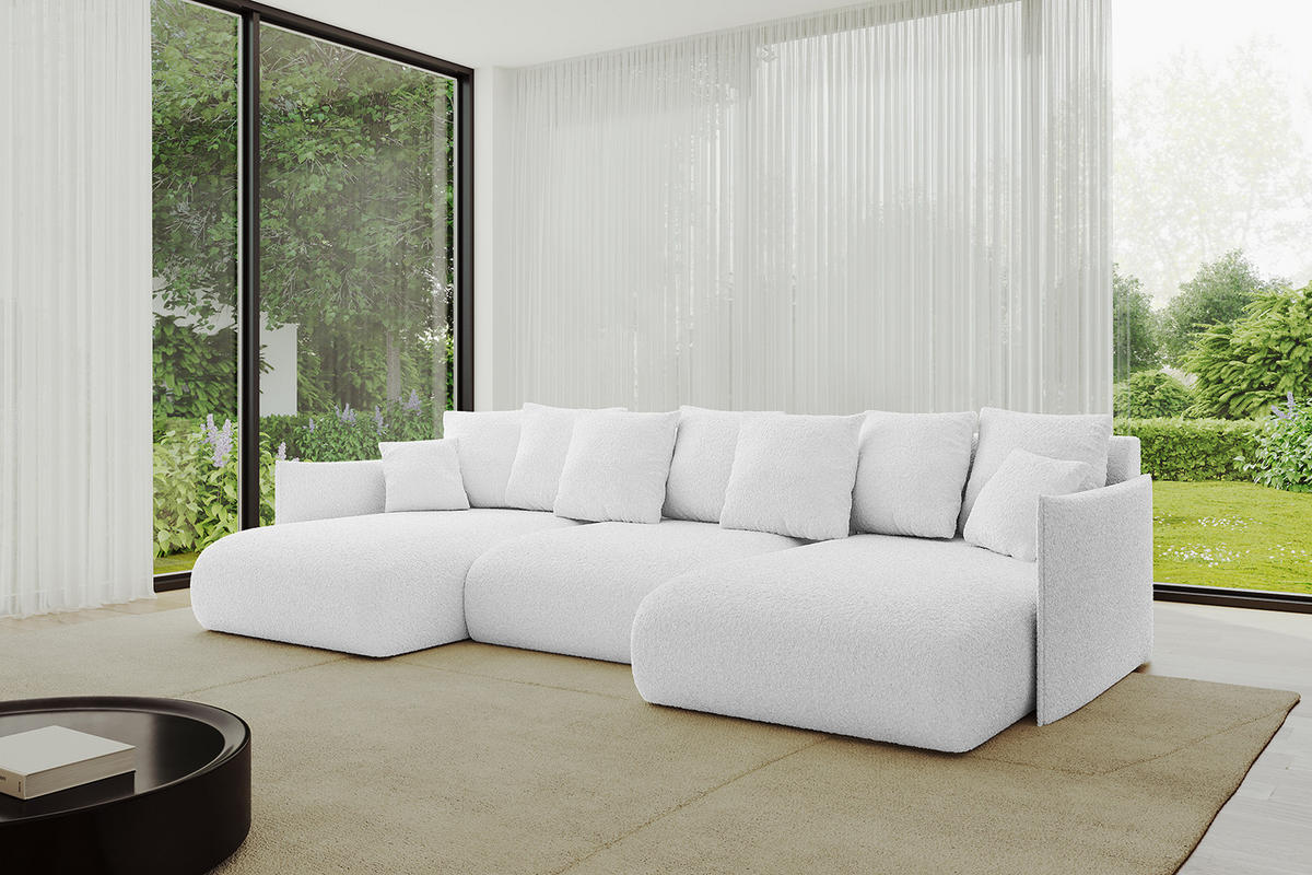 WOHNLANDSCHAFT mit Schlaffunktion und Bettkasten ONESK-U 317x177x72 Weiß Bouclé - Weiß, Holzwerkstoff/Kunststoff (317/72/177cm) - ALTDECOR