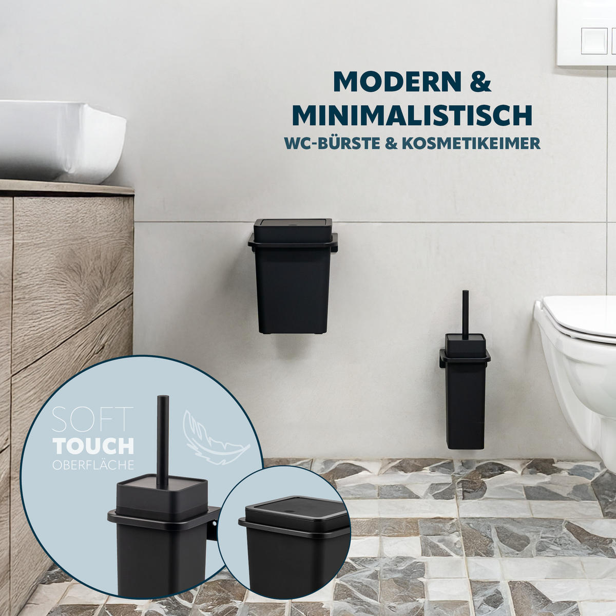 WC-GARNITUR 2-TLG. Bürste u. Eimer SAVONA Softtouch inkl. Wandhalterung, eckig - schwarz - Schwarz, Kunststoff (18/25/21cm) - bremermann