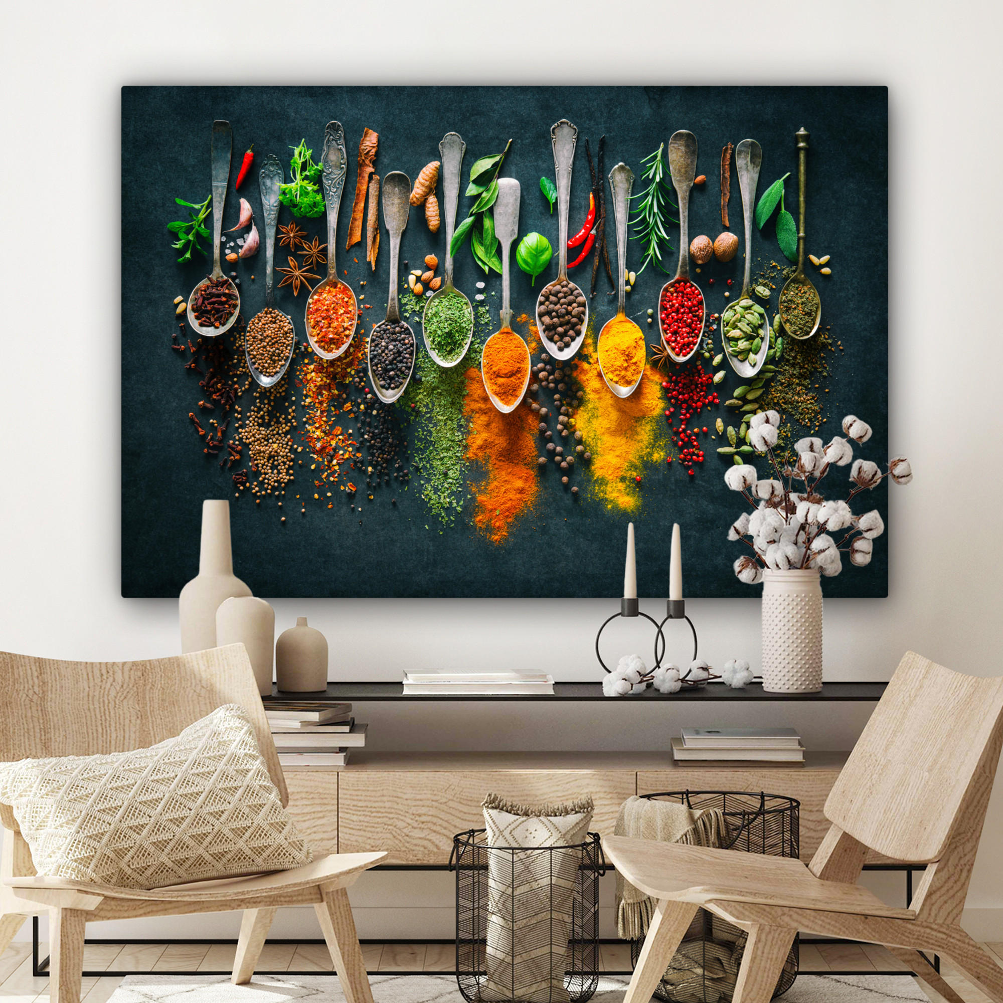 LEINWANDBILD Kräuter - Gewürze - Löffel Groß 140x90 cm - Currygelb, Textil (140/90cm) - MuchoWow