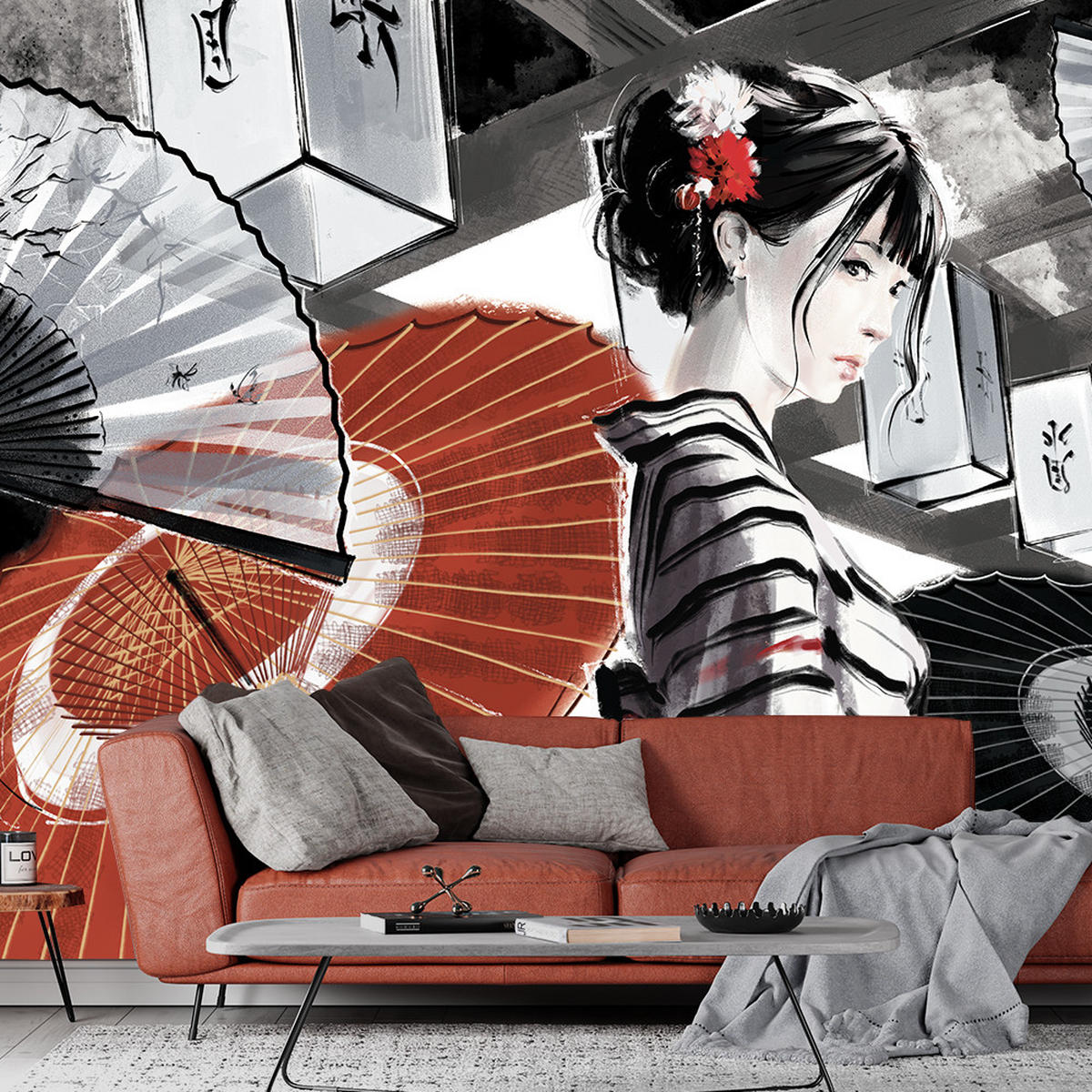 FOTOTAPETE, Geisha Fan Handgemalt Rot Grau - Grau, Papier (368/254cm) - Feeby