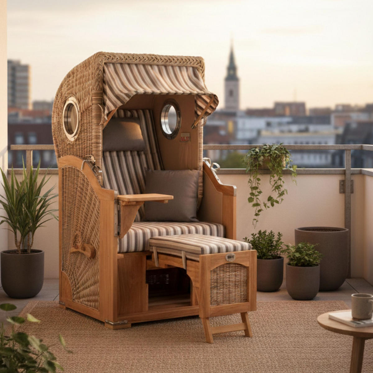 STRANDKORB Düne 1 Sitzer Teak PE Shell - Braun/Grau, Holz/Textil (96/165/80cm) - Mr. Deko