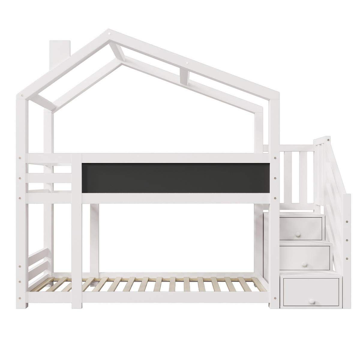 HAUSBETT 90/200 cm in Weiß mit Stauraum, Wandtafel und 2 Lattenrosten - Weiß, Holzwerkstoff (90/200cm) - BEAOK