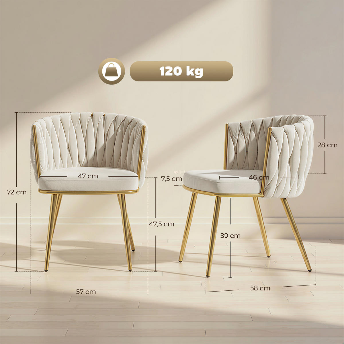 STUHL Creme 2er-Set 58/57/72 cm - Goldfarben/Creme, Textil/Metall (57/72/58cm) - PANGIVO