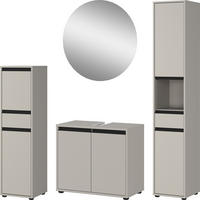 BADMÖBEL-SET HAMBURG 4-teilig | Runder Spiegel, Hochschrank, Unterschrank, Midischrank | Soft-Close & Matt | Steingrau - Grau, Holzwerkstoff (129/181/34cm) - KADIMA DESIGN