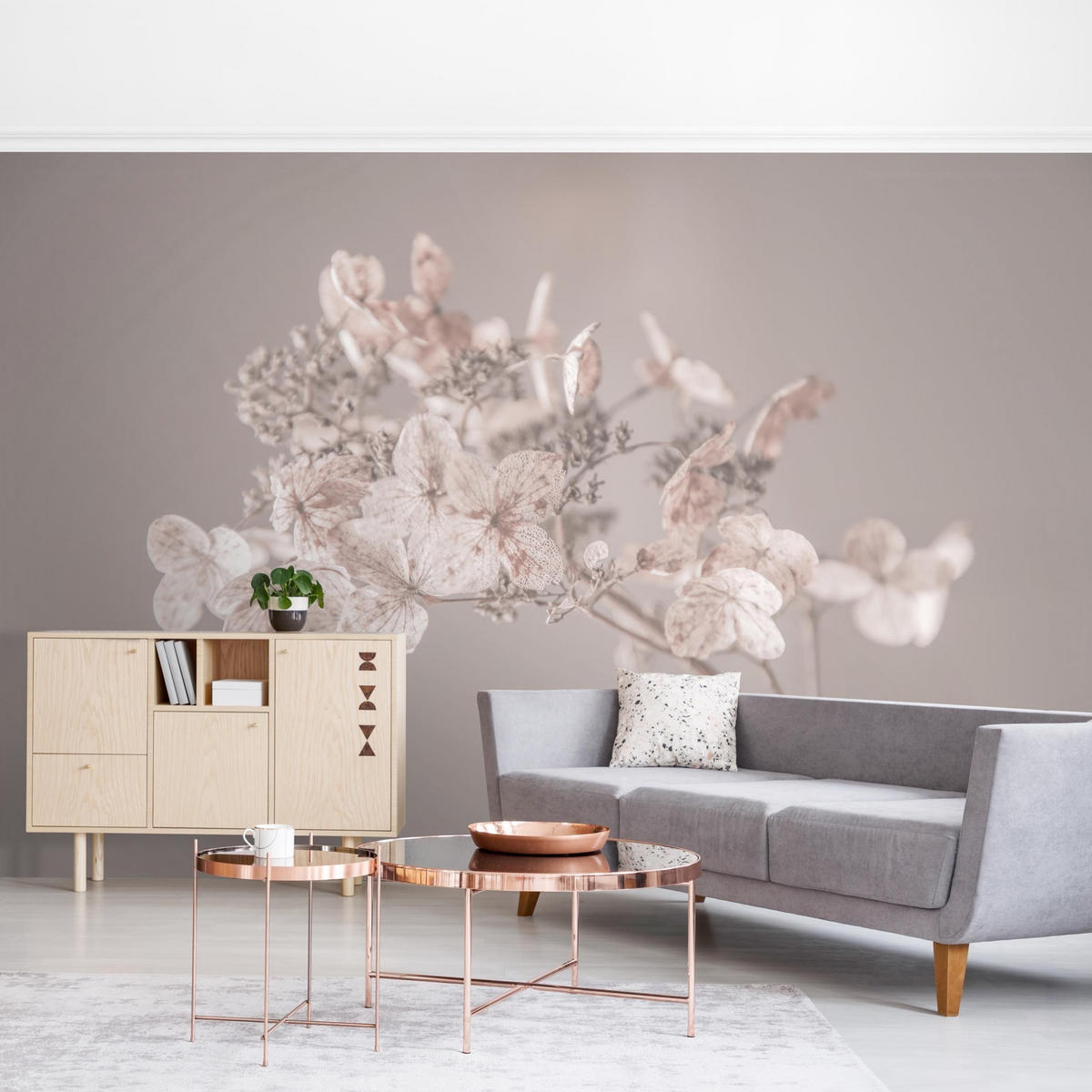 FOTOTAPETE Zarte weiße Hortensie 336/225 cm - Eichefarben, Papier (336/225cm) - Bilderwelten